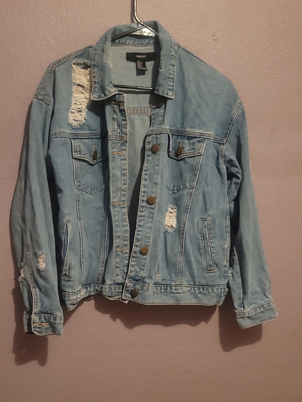 Forever 21 Light Blue Distressed Denim Jacket - Women